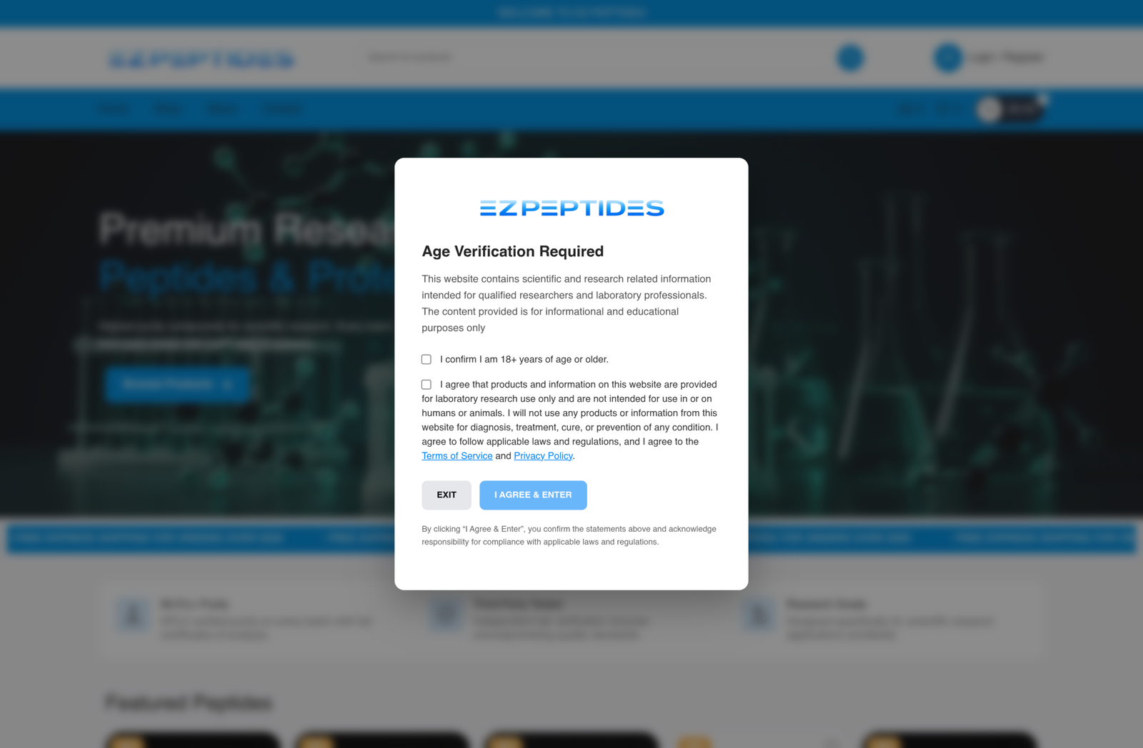 EZ Peptides homepage, header and hero section