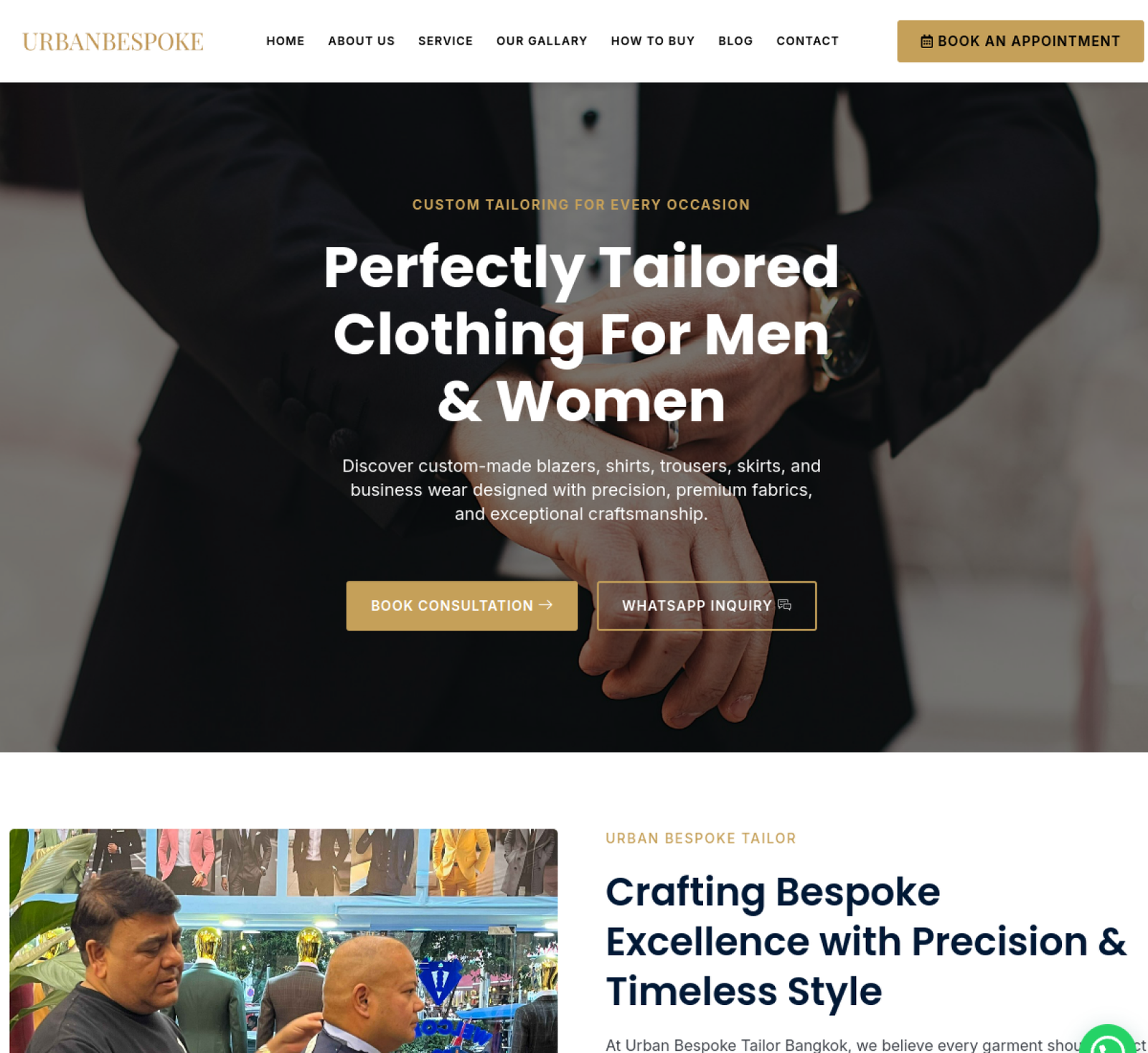 Urban Bespoke Tailor Bangkok homepage, header and hero section
